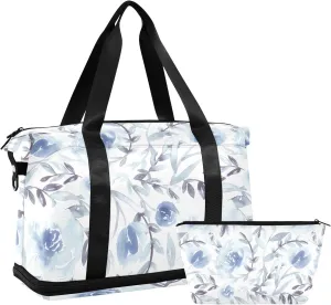 susiyo Duffel Bags Gym Bag for Women, Floral in Light Blue Sports Travel Duffel Bag with Shoes Compartment, Perfect for Travel, Gym