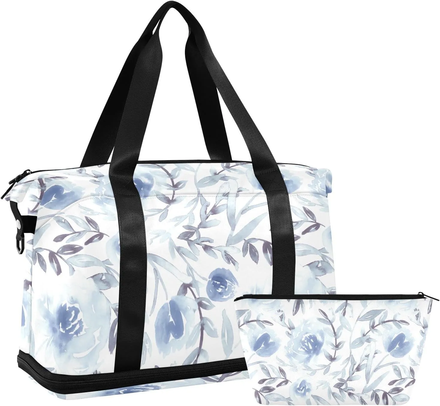 susiyo Duffel Bags Gym Bag for Women, Floral in Light Blue Sports Travel Duffel Bag with Shoes Compartment, Perfect for Travel, Gym