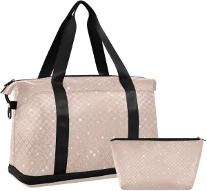 susiyo Duffel Bags Gym Bag for Women, Gold Glitter Fishnet Elements Sports Travel Duffel Bag with Shoes Compartment, Perfect for Travel, Gym