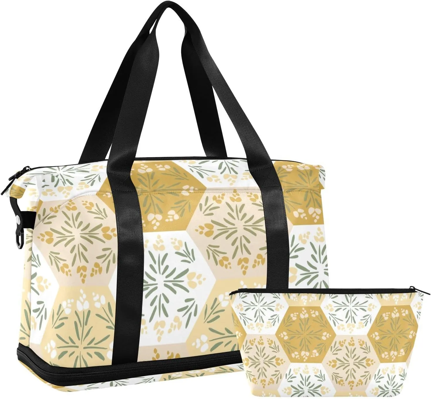 susiyo Duffel Bags Gym Bag for Women, Light Yellow Hexagon Flowers Sports Travel Duffel Bag with Shoes Compartment, Perfect for Travel, Gym