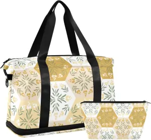 susiyo Duffel Bags Gym Bag for Women, Light Yellow Hexagon Flowers Sports Travel Duffel Bag with Shoes Compartment, Perfect for Travel, Gym