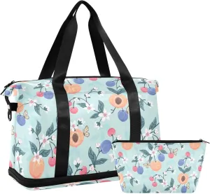 susiyo Duffel Bags Gym Bag for Women, Stone Fruits Peaches Cherries Sports Travel Duffel Bag with Shoes Compartment, Perfect for Travel, Gym