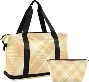 susiyo Duffel Bags Gym Bag for Women, Tartan Brown and Yellow Sports Travel Duffel Bag with Shoes Compartment, Perfect for Travel, Gym