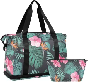 susiyo Duffel Bags Gym Bag for Women, Tropical Flowers and Leaves Sports Travel Duffel Bag with Shoes Compartment, Perfect for Travel, Gym
