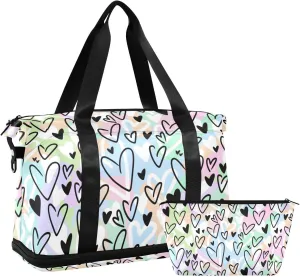 susiyo Duffel Bags Gym Bag for Women, Valentines Seamless Hearts Colorful Sports Travel Duffel Bag with Shoes Compartment, Perfect for Travel, Gym