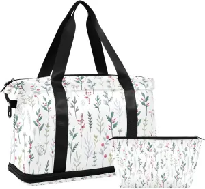 susiyo Duffel Bags Gym Bag for Women, Watercolor Hand Drawn Wild Flowers Sports Travel Duffel Bag with Shoes Compartment, Perfect for Travel, Gym