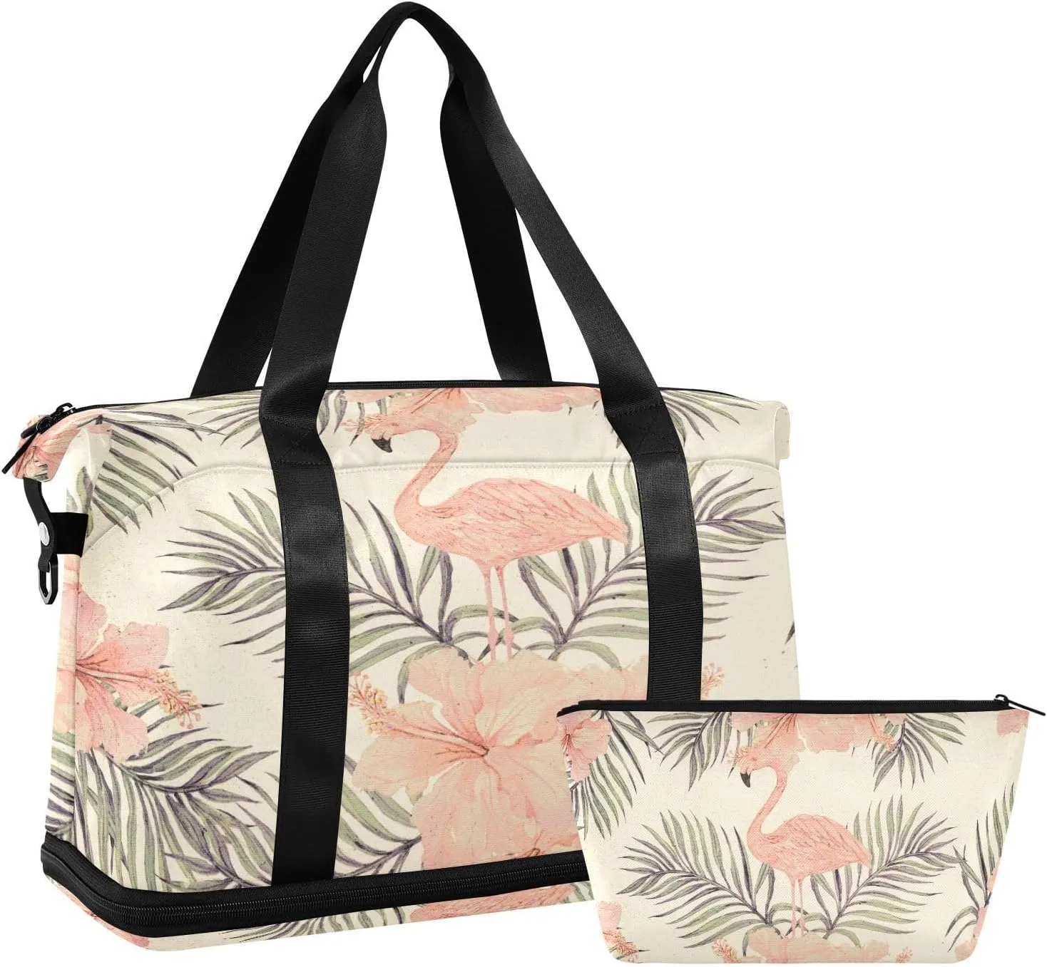 susiyo Duffel Bags Gym Bag for Women, Watercolor Tropical Pink Flamingo Sports Travel Duffel Bag with Shoes Compartment, Perfect for Travel, Gym