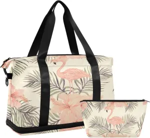susiyo Duffel Bags Gym Bag for Women, Watercolor Tropical Pink Flamingo Sports Travel Duffel Bag with Shoes Compartment, Perfect for Travel, Gym