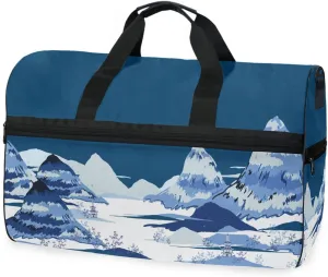 susiyo Ink Painting with Blue Mountains Sports Gym Bag, Travel Duffel Bag with Shoes Compartment Overnight Weekender Workout Bag for Men Women