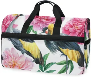 susiyo Peonies and Birds Crane Sports Gym Bag, Travel Duffel Bag with Shoes Compartment Overnight Weekender Workout Bag for Men Women