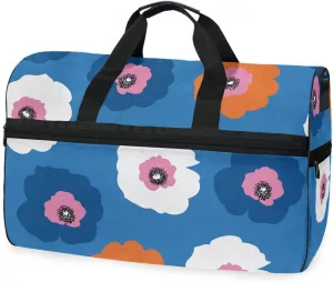 susiyo Red White and Blue Flowers Sports Gym Bag, Travel Duffel Bag with Shoes Compartment Overnight Weekender Workout Bag for Men Women