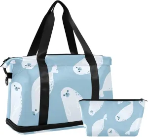 susiyo Travel Duffel Bags for Women, Blue Cute Seals Sports Duffel Bags Gym Bags with Shoes Compartment, Tote Bag Weekender Bag for Travelling