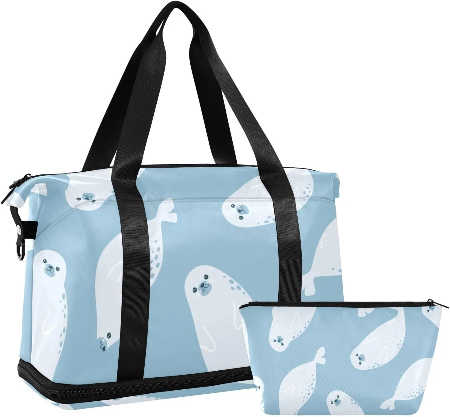 susiyo Travel Duffel Bags for Women, Blue Cute Seals Sports Duffel Bags Gym Bags with Shoes Compartment, Tote Bag Weekender Bag for Travelling
