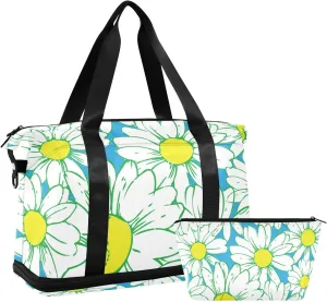 susiyo Travel Duffel Bags for Women, Daisies Blue Sports Duffel Bags Gym Bags with Shoes Compartment, Tote Bag Weekender Bag for Travelling