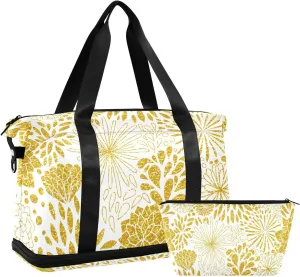 susiyo Travel Duffel Bags for Women, Golden Floral Sports Duffel Bags Gym Bags with Shoes Compartment, Tote Bag Weekender Bag for Travelling