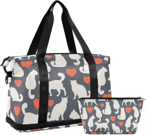 susiyo Travel Duffel Bags for Women, Love Cat Sports Duffel Bags Gym Bags with Shoes Compartment, Tote Bag Weekender Bag for Travelling