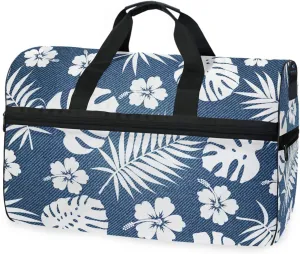 susiyo Tropical Leaves on Denim Texture Sports Gym Bag, Travel Duffel Bag with Shoes Compartment Overnight Weekender Workout Bag for Men Women
