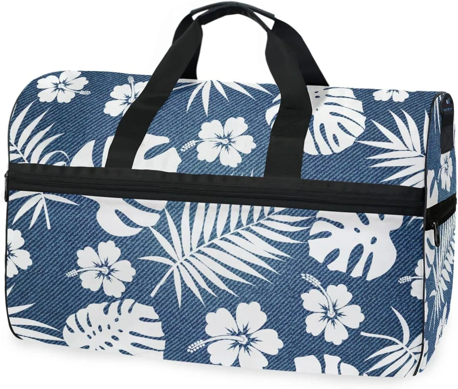 susiyo Tropical Leaves on Denim Texture Sports Gym Bag, Travel Duffel Bag with Shoes Compartment Overnight Weekender Workout Bag for Men Women