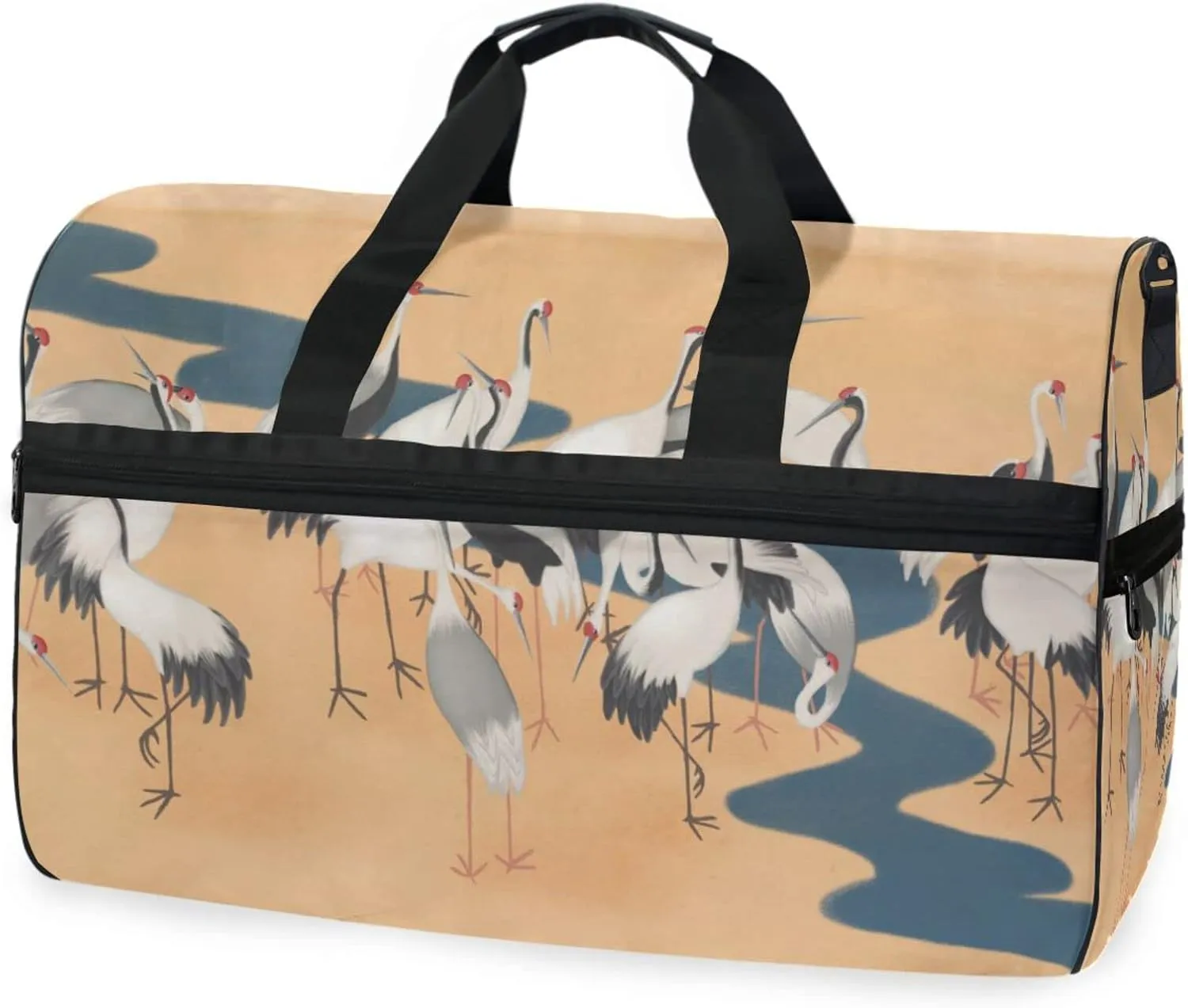 susiyo White Cranes by The River Sports Gym Bag, Travel Duffel Bag with Shoes Compartment Overnight Weekender Workout Bag for Men Women