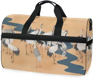 susiyo White Cranes by The River Sports Gym Bag, Travel Duffel Bag with Shoes Compartment Overnight Weekender Workout Bag for Men Women