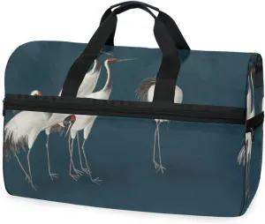 susiyo White Cranes Dark Blue Background Sports Gym Bag, Travel Duffel Bag with Shoes Compartment Overnight Weekender Workout Bag for Men Women