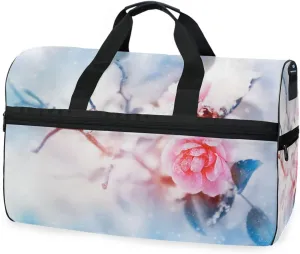 susiyo Winter Pink Flower Butterfly Sports Gym Bag, Travel Duffel Bag with Shoes Compartment Overnight Weekender Workout Bag for Men Women