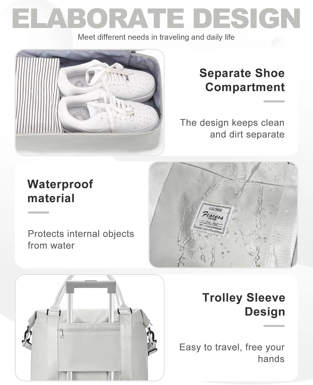 Travel Duffel 18x14x8 Inches With Shoes Compartment, Weekender Overnight for Women With Trolley Sleeve, Carry On for Airplanes, Sport Tote Gym LightGrey