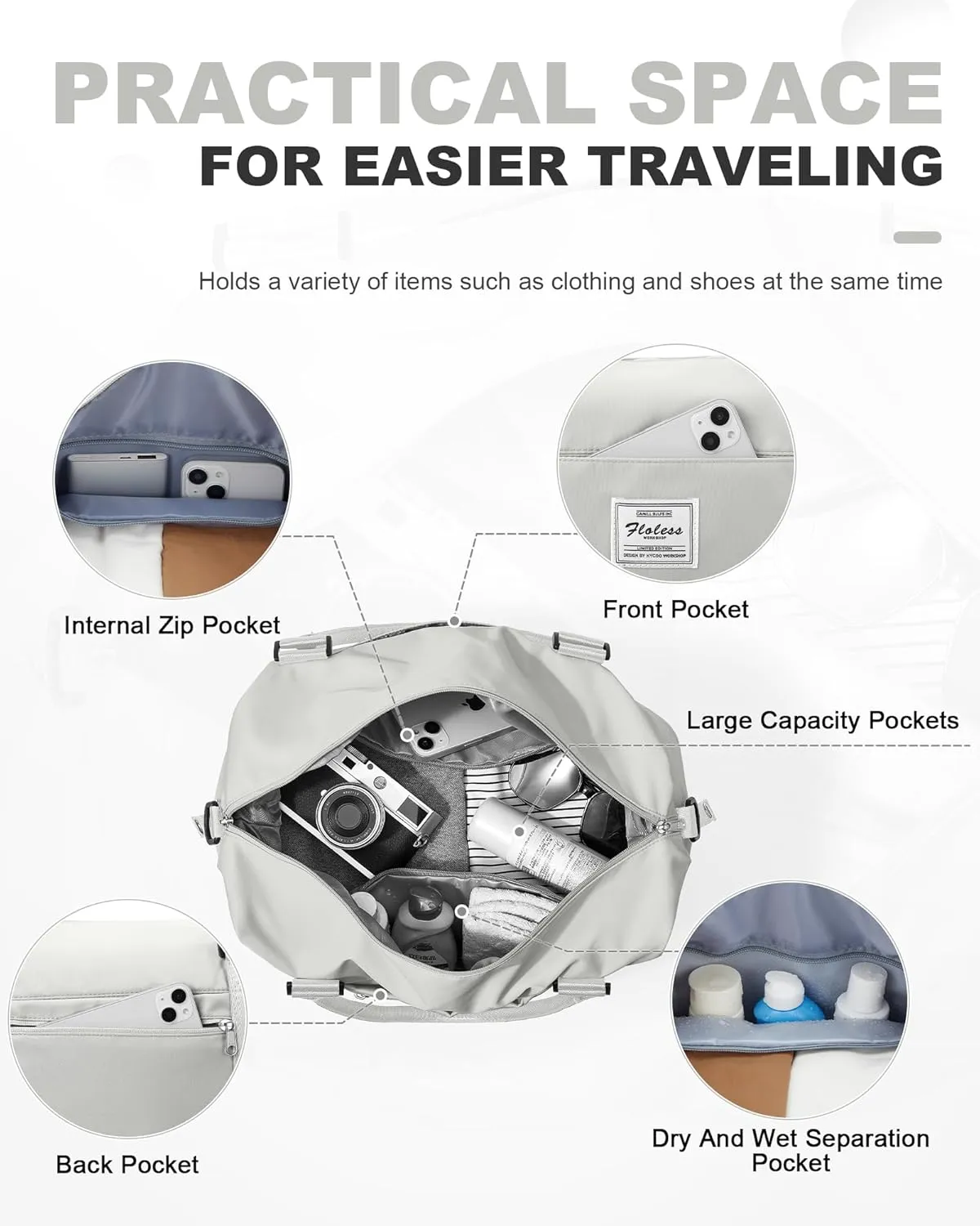 Travel Duffel 18x14x8 Inches With Shoes Compartment, Weekender Overnight for Women With Trolley Sleeve, Carry On for Airplanes, Sport Tote Gym LightGrey