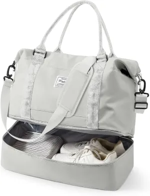 Travel Duffel 18x14x8 Inches With Shoes Compartment, Weekender Overnight for Women With Trolley Sleeve, Carry On for Airplanes, Sport Tote Gym LightGrey