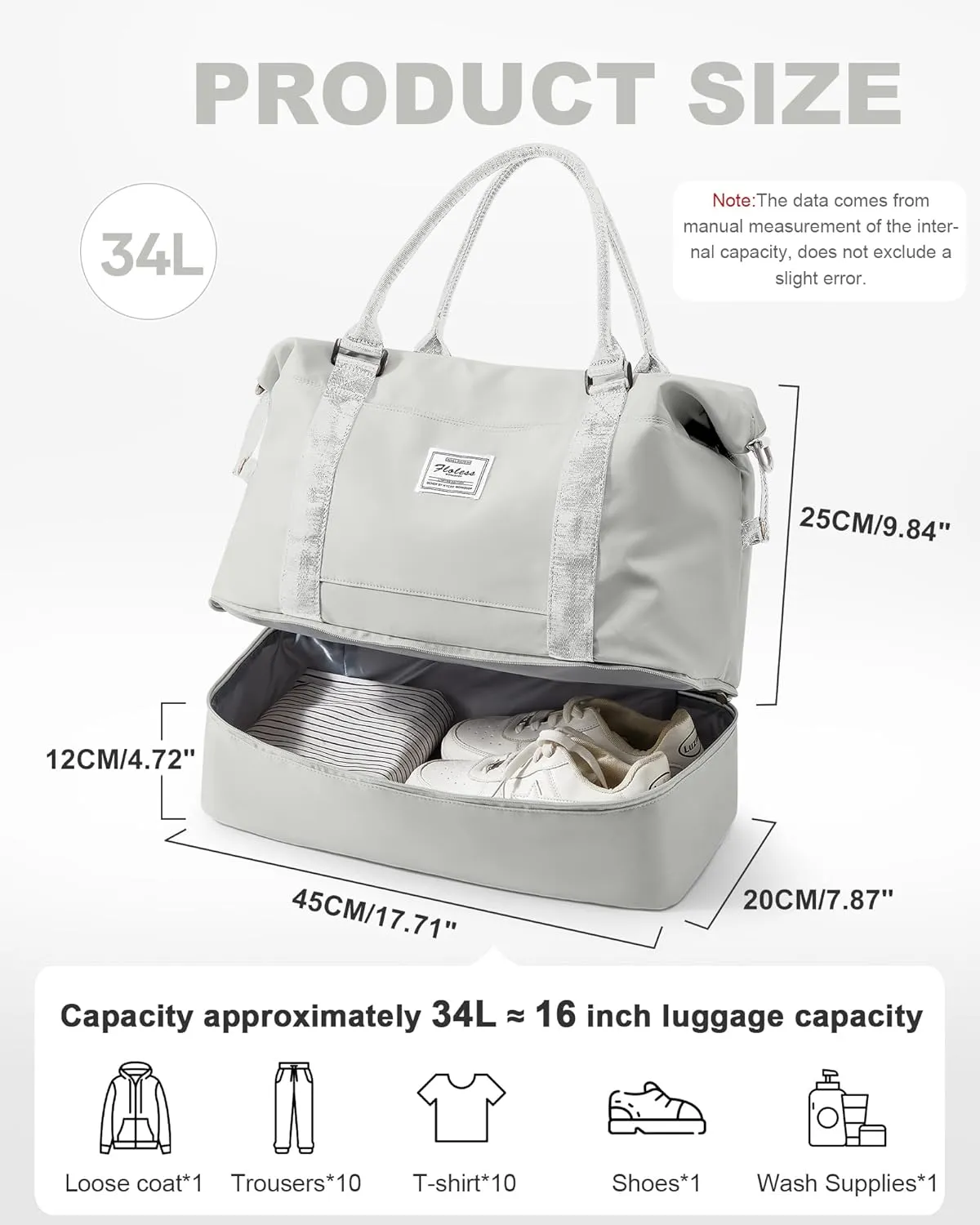 Travel Duffel 18x14x8 Inches With Shoes Compartment, Weekender Overnight for Women With Trolley Sleeve, Carry On for Airplanes, Sport Tote Gym LightGrey