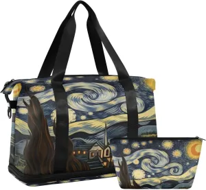 Van Gogh's Starry Sky Sports Gym Bag,Travel Duffel bag with Wet Pocket & Shoes Compartment Lightweight Waterproof Overnight Bag for Men Women