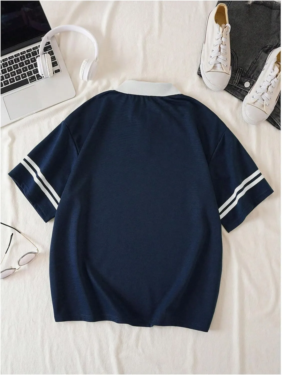 Verdusa Women's Jersey Oversized Shirts Short Sleeve Collared Button Down Graphic Tees Tops