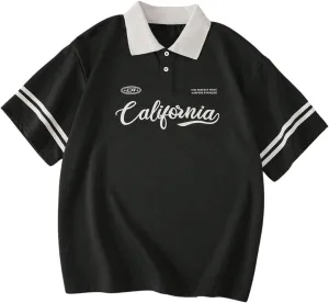 Verdusa Women's Jersey Oversized Shirts Short Sleeve Collared Button Down Graphic Tees Tops