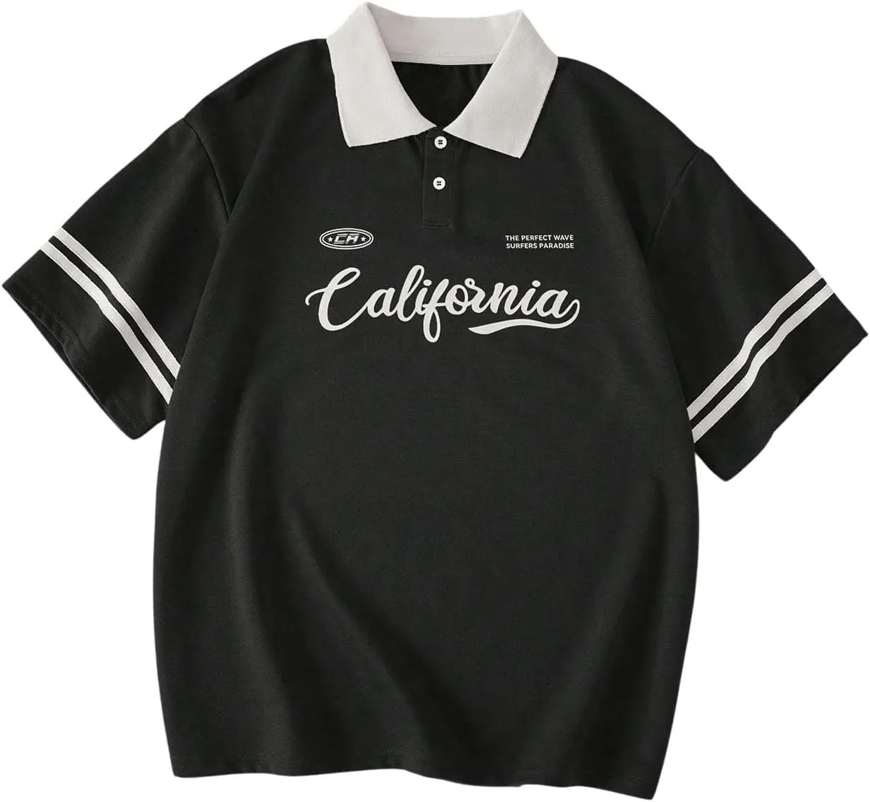Verdusa Women's Jersey Oversized Shirts Short Sleeve Collared Button Down Graphic Tees Tops