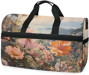 Vintage Floral Painting Travel Duffel Bag Luggage Sports Gym Bags With Shoes Compartment Large Capacity Lightweight Duffle Bag For Men Women
