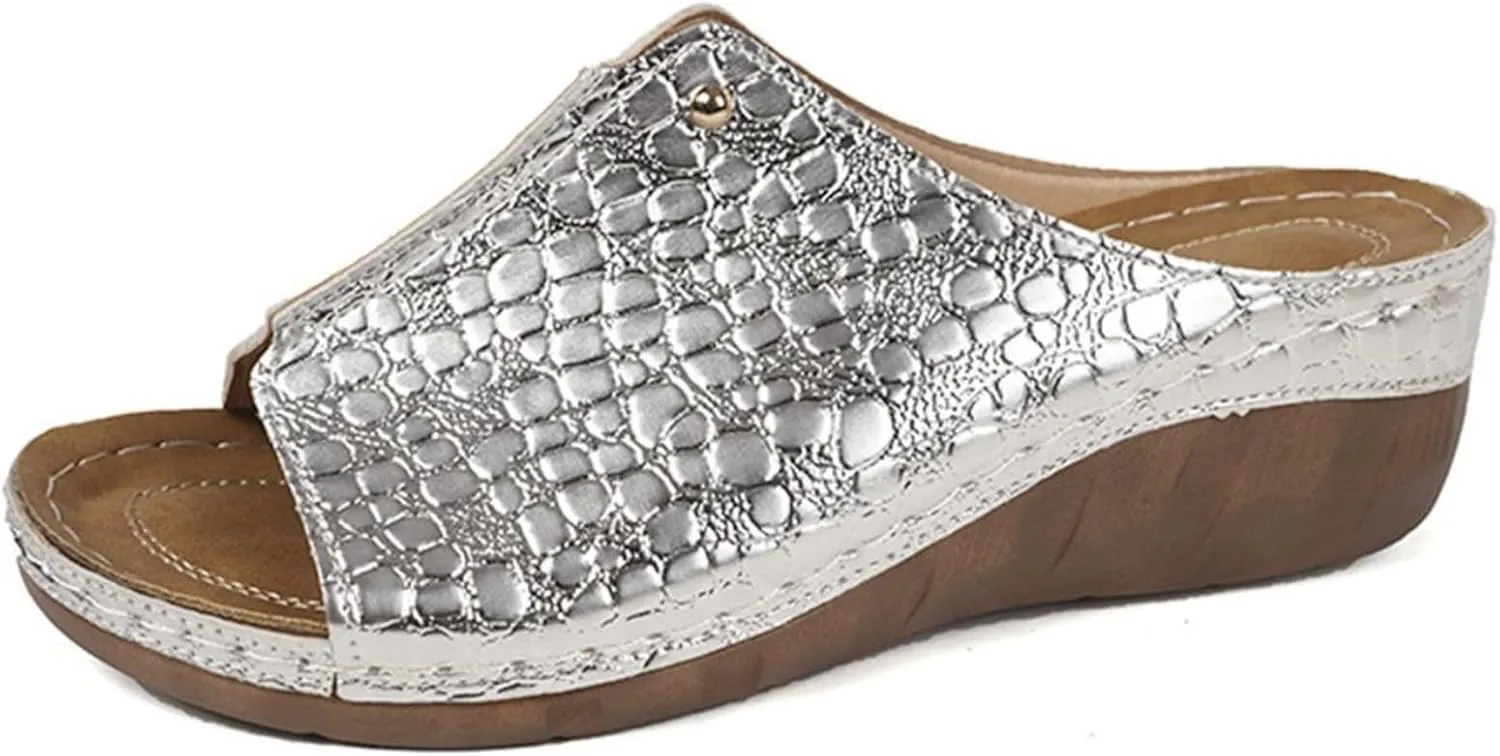 Wedge Sandals for Women Dressy Summer Slip on Comfortable Walking Slides Orthopedic Arch Support Slippers Low Heel Platform Shoes Lightweight Casual Sandals Damping Sole