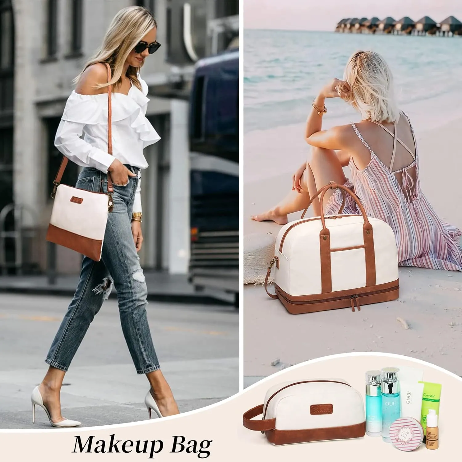 Weekender Bag for Women Canvas Overnight Bag Large Travel Tote Bag Carry on Shoulder Duffle Bag With Shoe Compartment,Perfect for Travel/Daily Use/Birthday Gift , B-Beige, Pocket