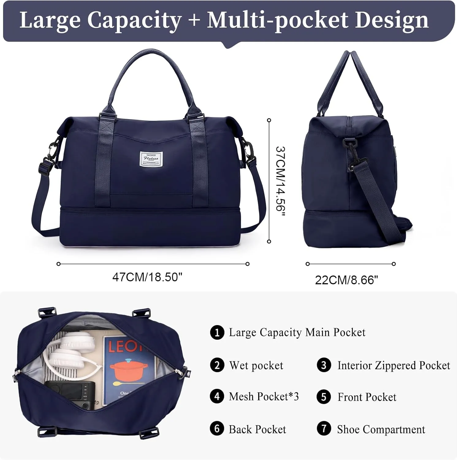 Weekender Bags for Women,Personal Item Travel Bag with Shoes Compartment,Overnight Travel Duffel Bag with Toiletry Bag, Ya-Dark Blue-1012, Large