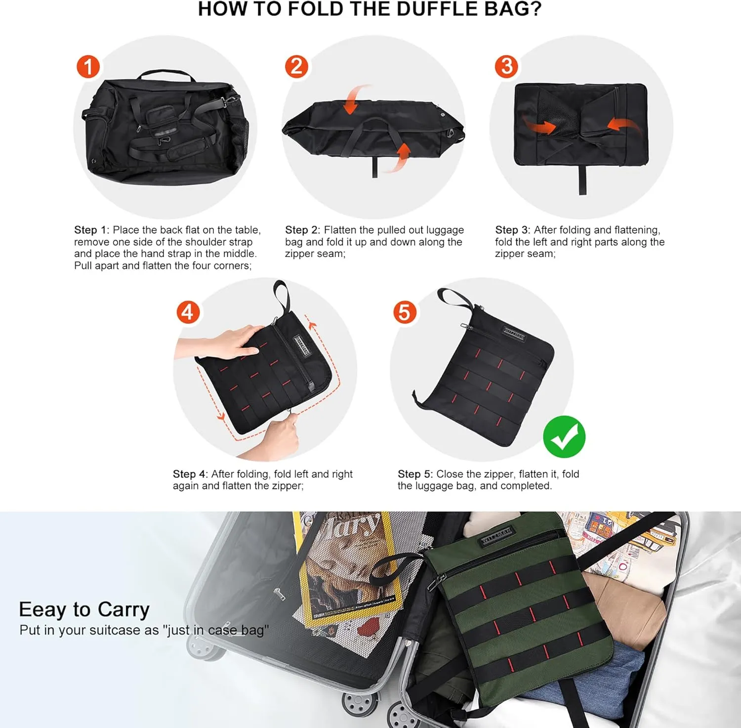 WITZMAN Foldable Duffle Bag for Travel 65L Lightweight Packable Duffel Bag with Shoes Compartment Overnight Bag for Men Women (B697 Army Green