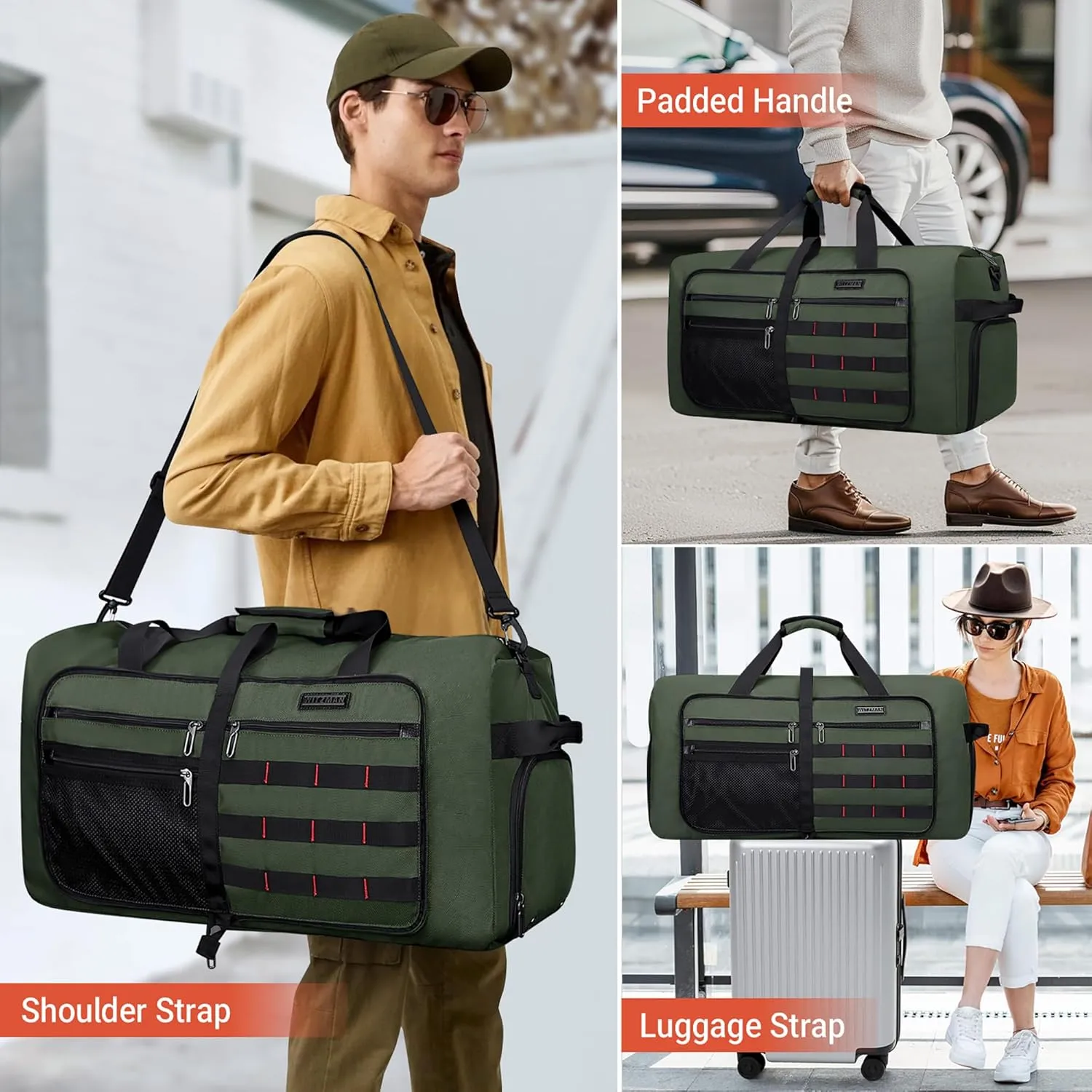 WITZMAN Foldable Duffle Bag for Travel 65L Lightweight Packable Duffel Bag with Shoes Compartment Overnight Bag for Men Women (B697 Army Green
