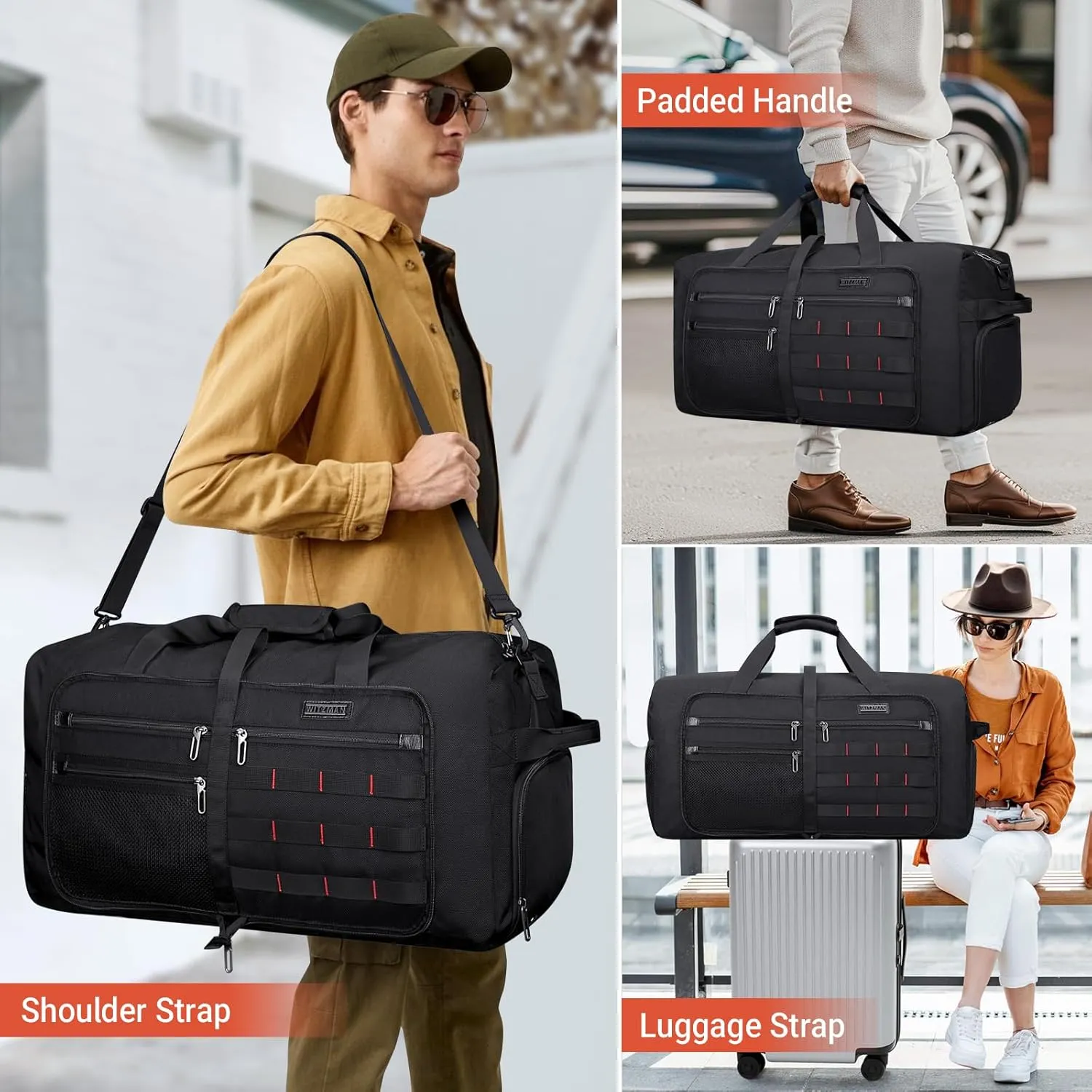 WITZMAN Foldable Duffle Bag for Travel 65L Lightweight Packable Duffel Bag with Shoes Compartment Overnight Bag for Men Women (B697 Black)