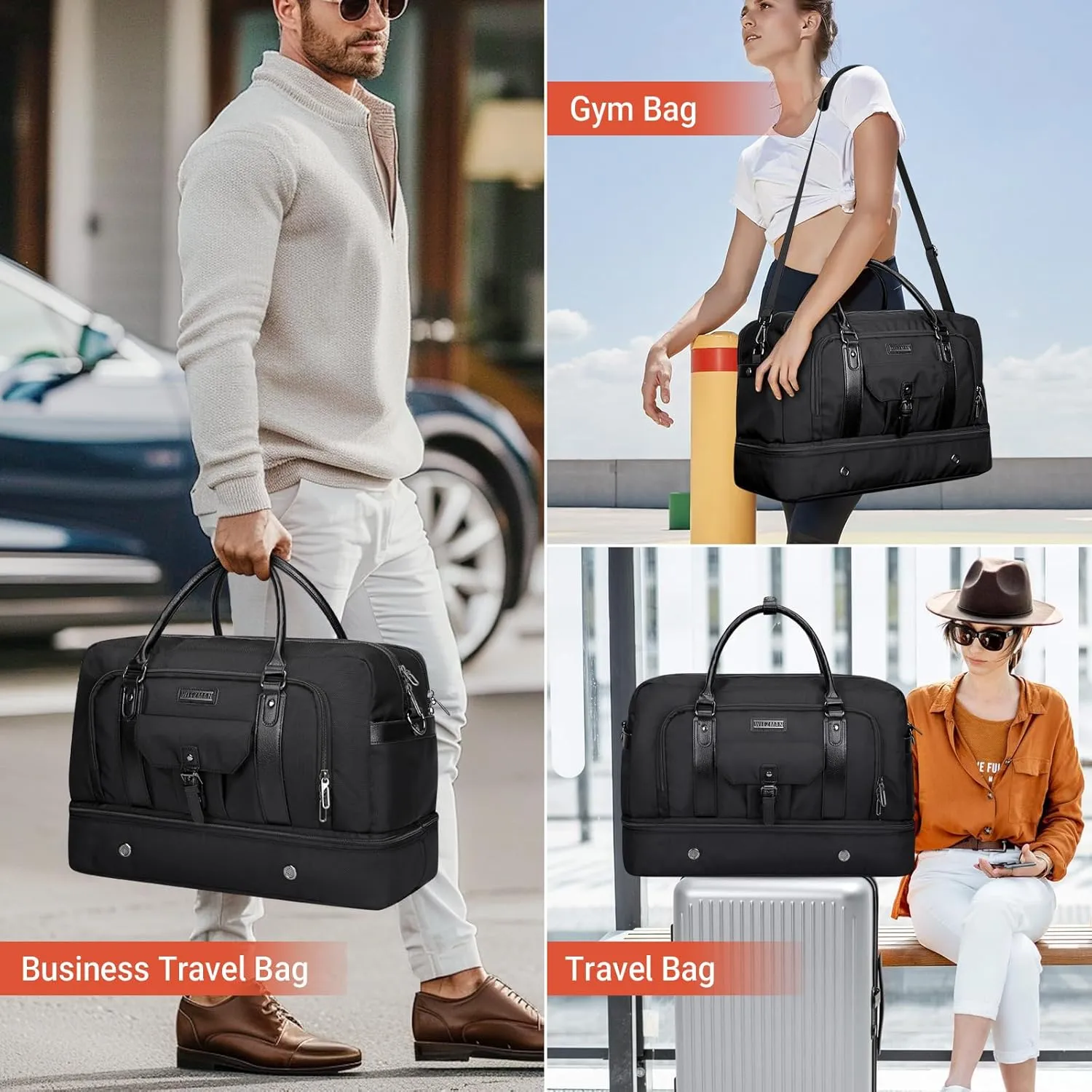 WITZMAN Weekender Bags for Men Women Carry On Duffle Overnight Bag with Toiletry Bag Sets Travel Duffel Bag Shoes Compartment B694 Black