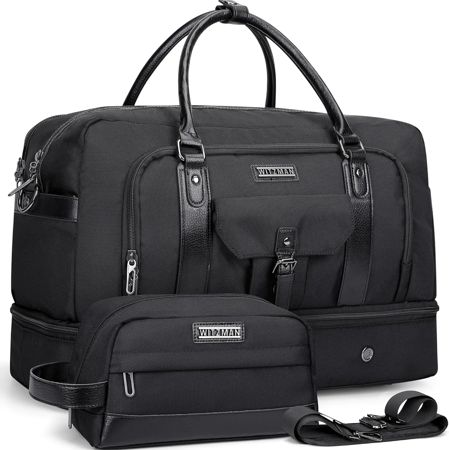 WITZMAN Weekender Bags for Men Women Carry On Duffle Overnight Bag with Toiletry Bag Sets Travel Duffel Bag Shoes Compartment B694 Black