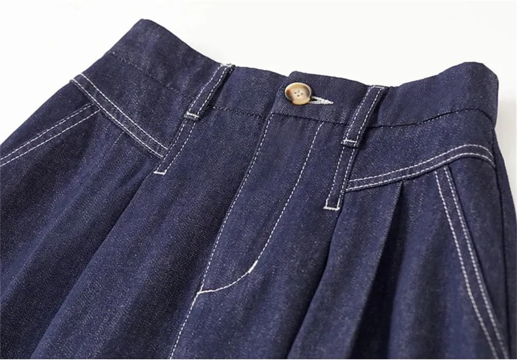Women A-Line Denim Skirt Women Retro Blue Washed Folds Elastic Waist Cotton Pockets Long Skirt