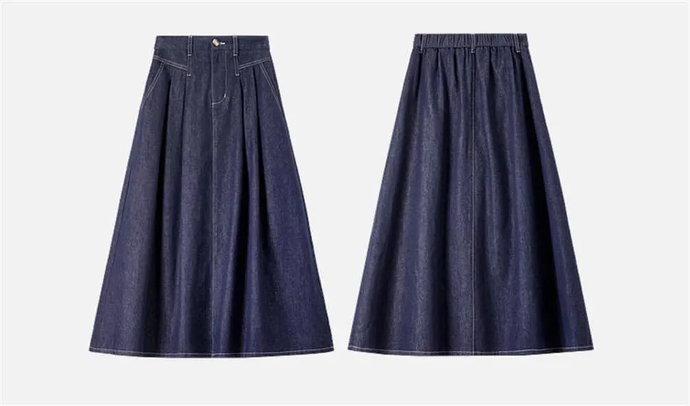 Women A-Line Denim Skirt Women Retro Blue Washed Folds Elastic Waist Cotton Pockets Long Skirt