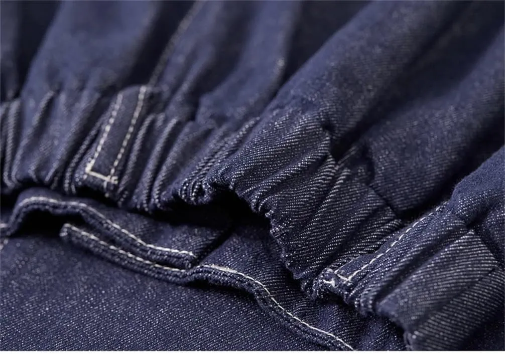 Women A-Line Denim Skirt Women Retro Blue Washed Folds Elastic Waist Cotton Pockets Long Skirt