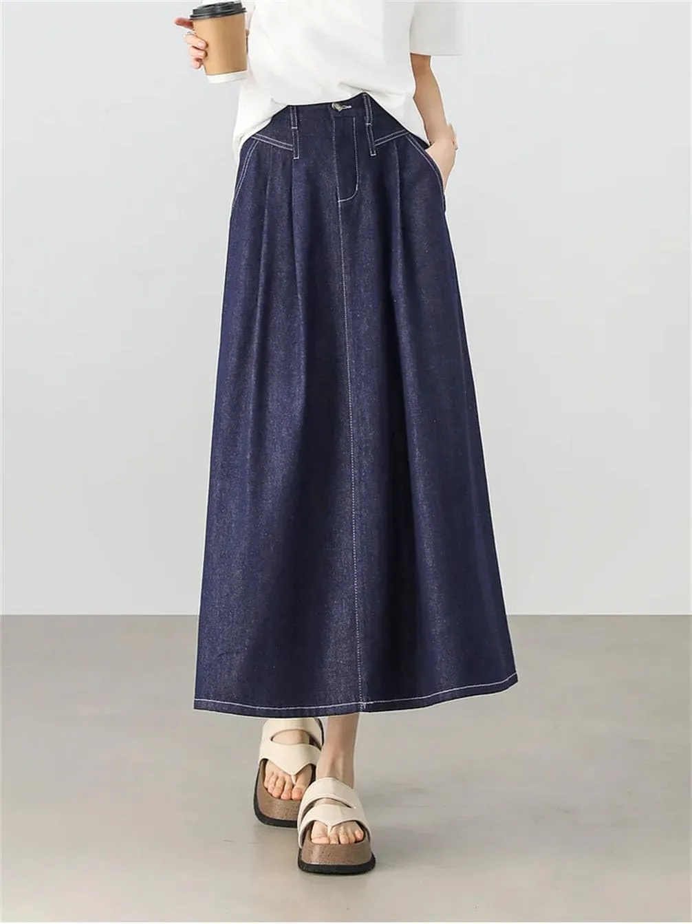 Women A-Line Denim Skirt Women Retro Blue Washed Folds Elastic Waist Cotton Pockets Long Skirt