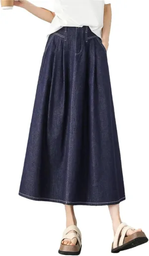 Women A-Line Denim Skirt Women Retro Blue Washed Folds Elastic Waist Cotton Pockets Long Skirt