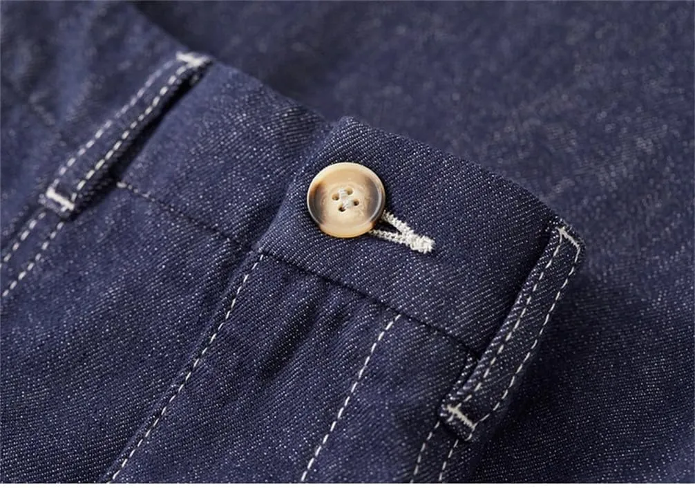 Women A-Line Denim Skirt Women Retro Blue Washed Folds Elastic Waist Cotton Pockets Long Skirt