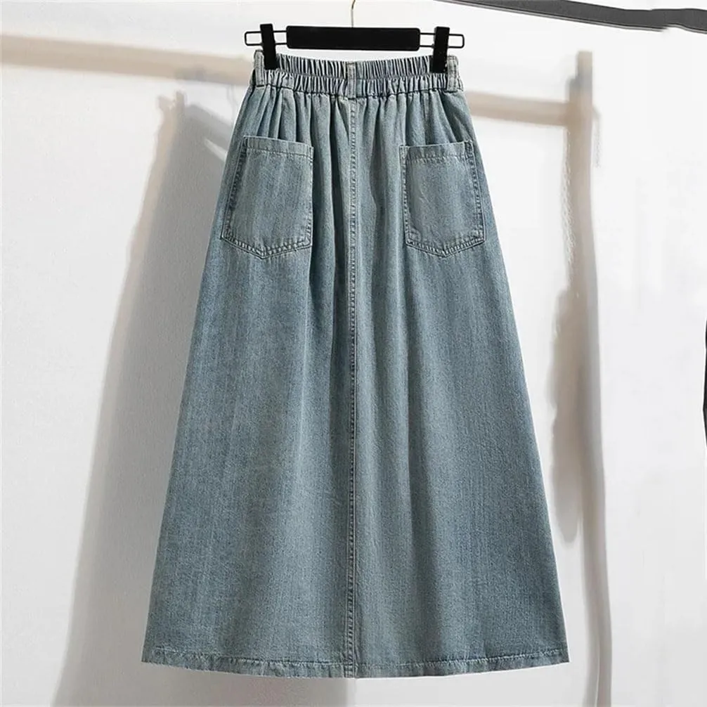 Women Casual High Waist Single Breasted Slim Pleated Skirts Office Classic Long Skirts